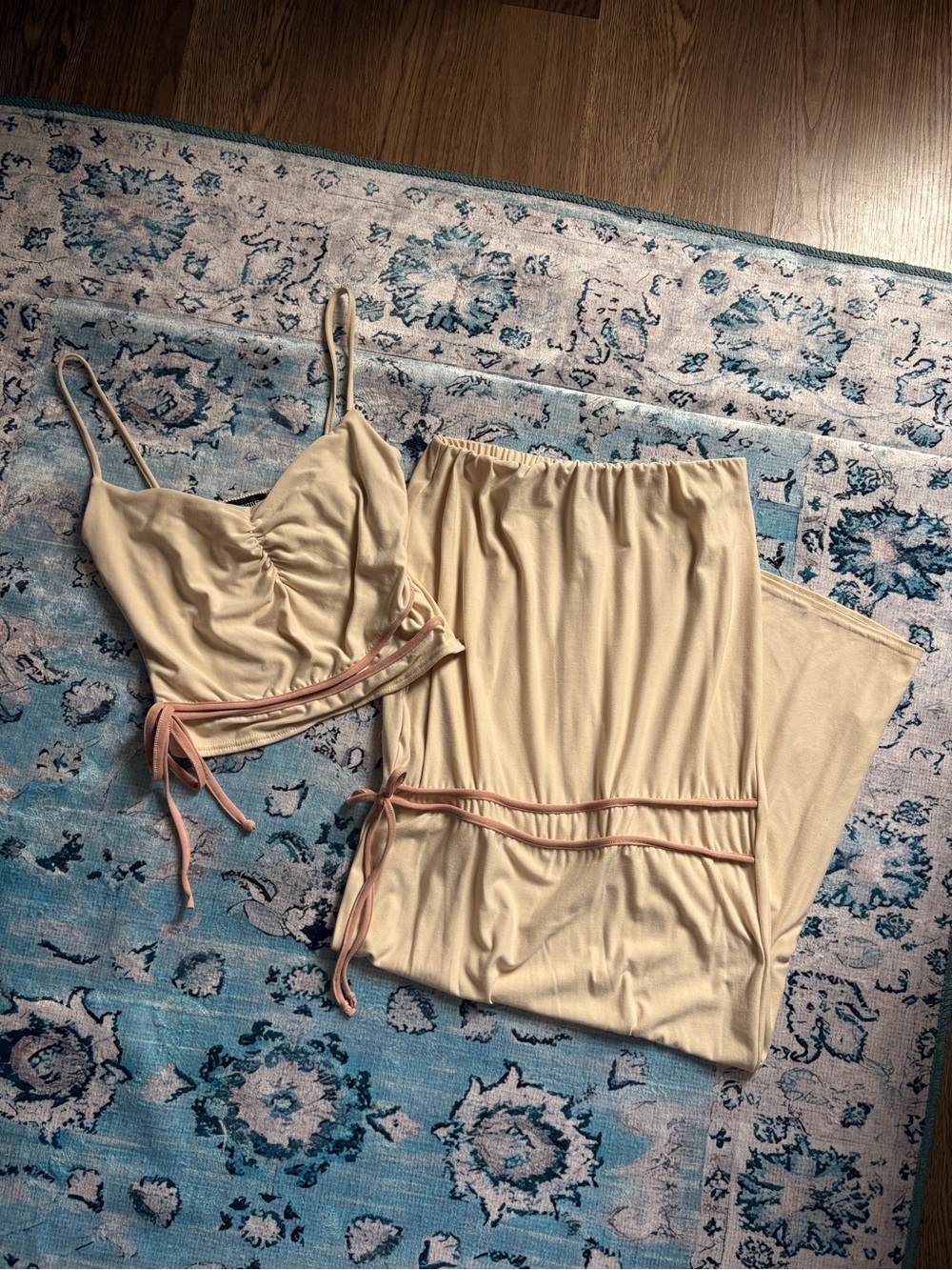 PrettyLittleThing Beige Two-Piece Matching Set with Pink Trim
